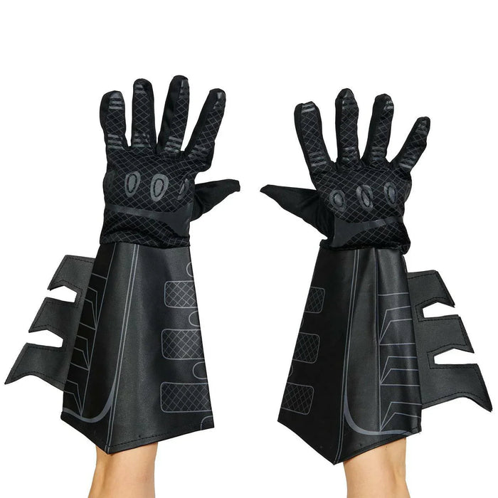 Pair of black Batman gauntlets with textured quilted palms, gray geometric patterns, and extended forearm cuffs with layered flaps, displayed on outstretched hands against a white background.