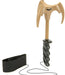 Tan and black Batman-themed grappling hook with bat logo, featuring a wooden handle, black grip, and attached black fabric wrist strap coiled below.