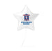 White star-shaped mylar balloon with a blue shield logo and "CONGRATS NAME!" text printed in the center.