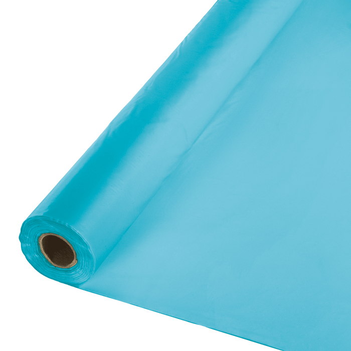 Rolled bright turquoise blue plastic tablecover with cardboard tube center, shown at an angle against white background.