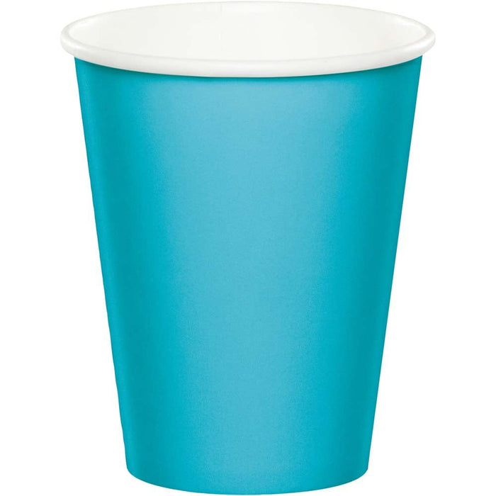 Bright turquoise disposable paper cup with white rim, 9 ounces capacity, shown as a single cup from the front.