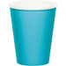 Bright turquoise disposable paper cup with white rim, 9 ounces capacity, shown as a single cup from the front.
