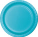 Turquoise blue disposable paper plate with a ribbed rim and concentric circle design on a white background.