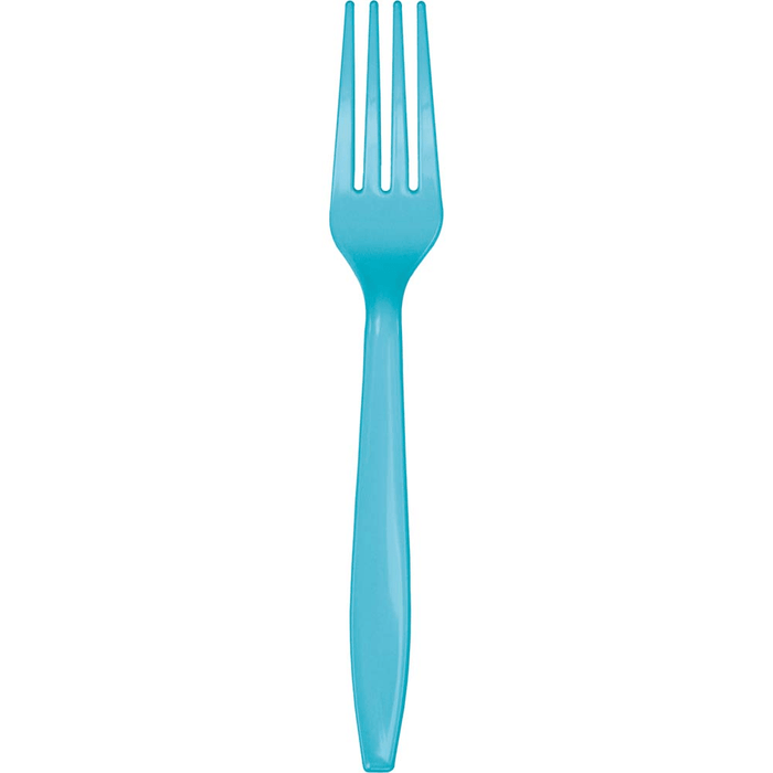 Single turquoise plastic fork with four tines, a tapered handle, and a glossy finish displayed against a white background.