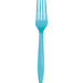 Single turquoise plastic fork with four tines, a tapered handle, and a glossy finish displayed against a white background.