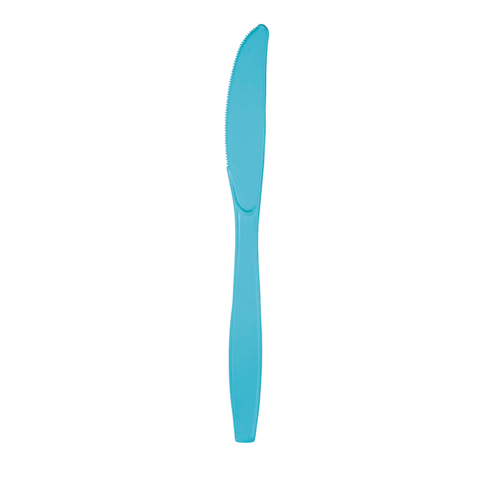 Turquoise blue plastic knife with a serrated edge and tapered handle against a white background.