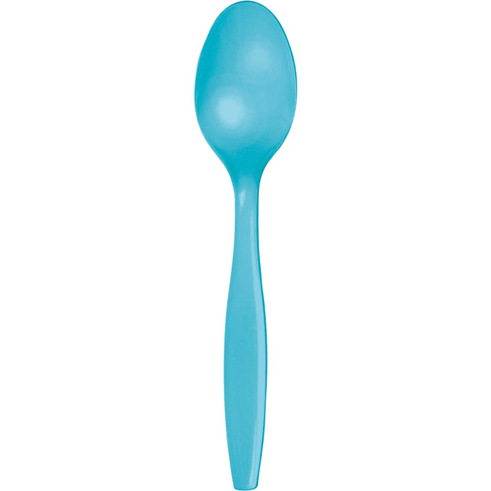 Turquoise blue plastic spoon with an oval bowl and tapered handle against a white background.
