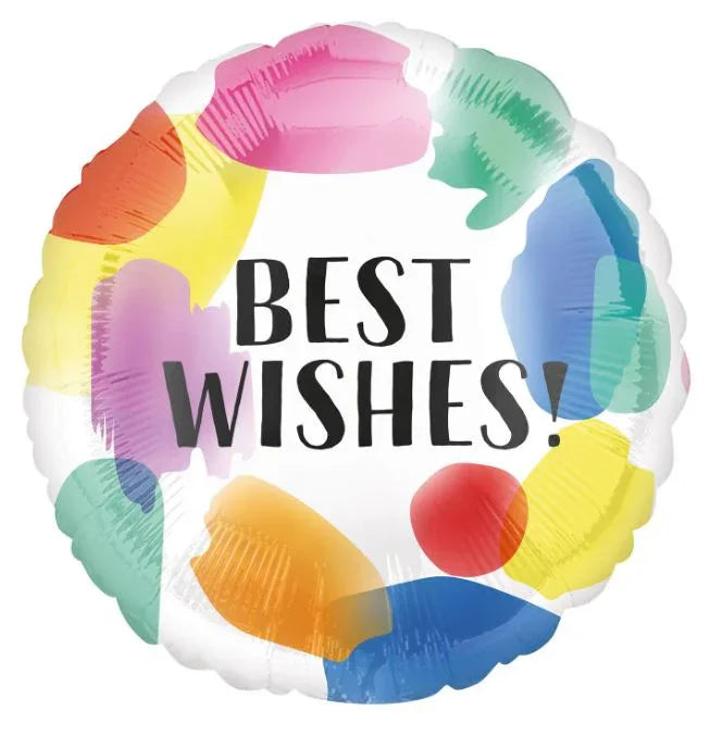 Round mylar balloon with white background and colorful watercolor-style brush strokes in pink, yellow, orange, green, blue, and red surrounding black text reading "BEST WISHES.