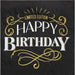 Black cocktail napkin with gold and white "Limited Edition Happy Birthday" text, ornate gold scrollwork, and decorative flourishes.
