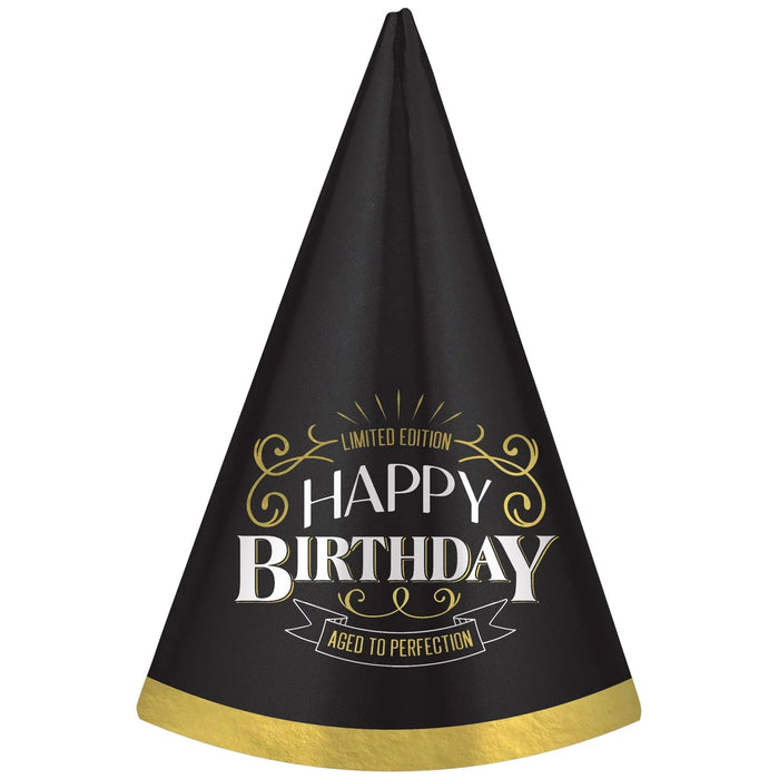 Black cone-shaped party hat with gold foil trim at the base and elegant gold decorative text reading "Limited Edition Happy Birthday Aged to Perfection.