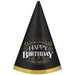 Black cone-shaped party hat with gold foil trim at the base and elegant gold decorative text reading "Limited Edition Happy Birthday Aged to Perfection.