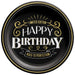 Black round plate with gold trim and decorative swirls, white text reading "Happy Birthday" and "Limited Edition," and a banner stating "Aged to Perfection.