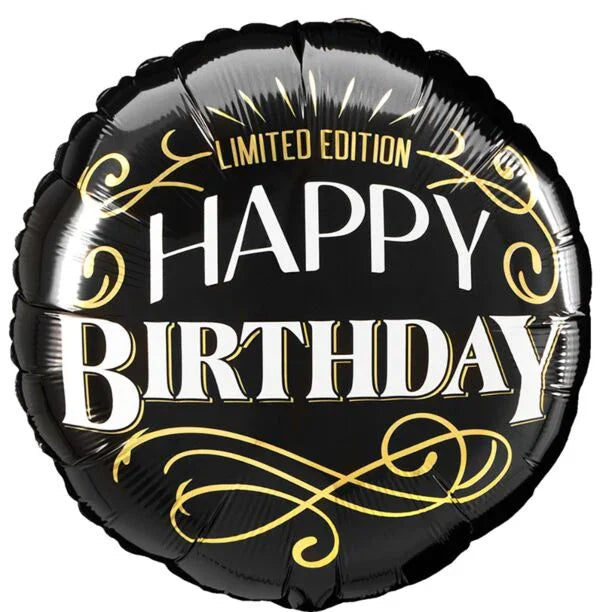 Black round mylar balloon with gold decorative swirls and white text reading "Limited Edition Happy Birthday" in elegant lettering.