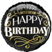 Black round mylar balloon with gold decorative swirls and white text reading "Limited Edition Happy Birthday" in elegant lettering.