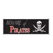 Black rectangular banner with "BEWARE of PIRATES" in white and red text, featuring a skull and crossbones design on the right side.