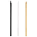 Three slim taper candles in black, white, and gold arranged vertically side by side.