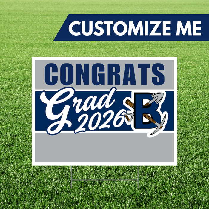 Graduation-themed customizable yard sign with 'Congrats Grad 2026' text on a grass background.