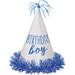 White cone-shaped party hat with blue "Birthday Boy" glitter text, topped with blue metallic fringe and brim trimmed in blue tinsel.