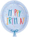 Light blue oval-shaped paper plate with colorful "Happy Birthday" text and confetti dots, featuring a blue bow at the bottom.