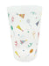 Clear plastic cup decorated with colorful party hats, balloons, confetti, and curled ribbons in red, yellow, green, and blue throughout.