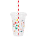 Clear plastic cup with colorful birthday-themed graphics including balloons, party hats, confetti, and ribbons, topped with a clear lid and red-and-white striped straw.