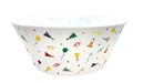 White ceramic serving bowl decorated with colorful party icons including balloons, party hats, noisemakers, streamers, and confetti in red, yellow, blue, green, and orange.