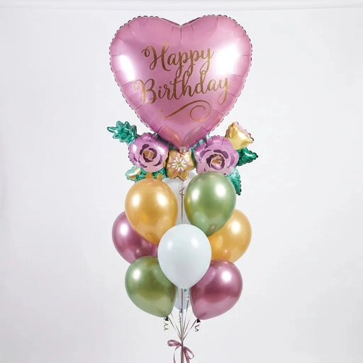 Birthday Satin Heart With Flowers Basic Bouquet | 15 pcs