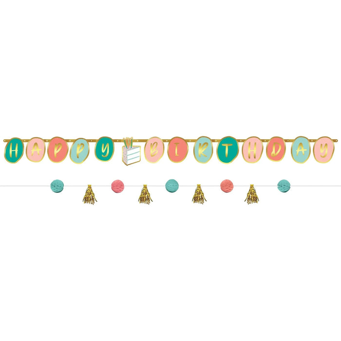 Colorful birthday banner kit featuring oval-shaped pennants spelling "Happy Birthday" with a notepad icon, plus a second strand with alternating teal and coral circles and gold tassel decorations.