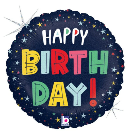 Colorful "Happy Birthday" mylar balloon with multicolored letters on a dark blue background decorated with stars and sparkle effects.