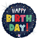 Colorful "Happy Birthday" mylar balloon with multicolored letters on a dark blue background decorated with stars and sparkle effects.