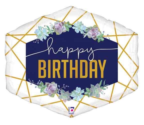 Hexagon-shaped foil balloon with navy blue center panel featuring "happy BIRTHDAY" in gold lettering, surrounded by gold geometric lines and purple and blue floral accents on white background.