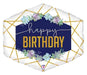 Hexagon-shaped foil balloon with navy blue center panel featuring "happy BIRTHDAY" in gold lettering, surrounded by gold geometric lines and purple and blue floral accents on white background.