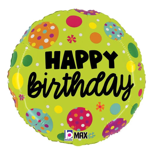 Bright lime green round mylar balloon with colorful polka-dotted circles, small dots, and star shapes scattered across the surface, featuring black text reading "HAPPY birthday" in the center.
