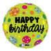 Bright lime green round mylar balloon with colorful polka-dotted circles, small dots, and star shapes scattered across the surface, featuring black text reading "HAPPY birthday" in the center.