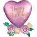 Pink satin heart-shaped mylar balloon with gold "Happy Birthday" text, decorated with purple and yellow flowers and green leaves at the base.