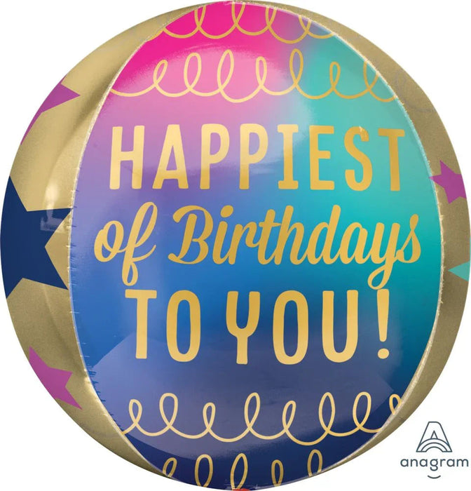 Colorful 15-inch foil balloon with a gradient background transitioning from pink to blue, featuring gold text reading "Happiest of Birthdays to You!" and decorative gold scallop patterns around the top and bottom edges.