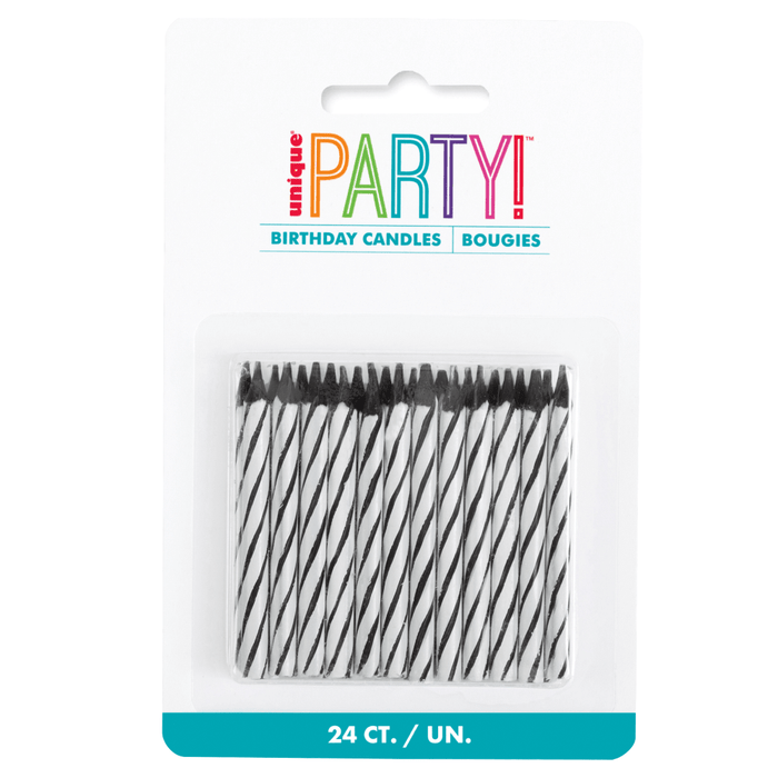 Package of 24 black and white spiral birthday candles with black flame tops arranged in clear plastic packaging.