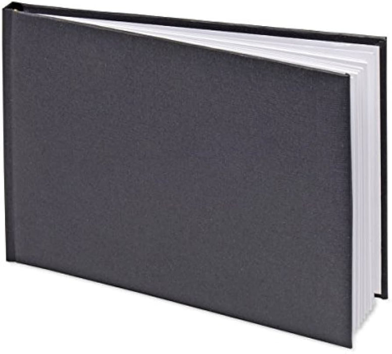 Black hardcover guest book with white pages visible along the spine, displayed at an angle in a landscape orientation.
