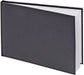 Black hardcover guest book with white pages visible along the spine, displayed at an angle in a landscape orientation.