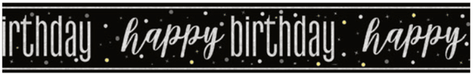 Black and white birthday banner with repeating "happy birthday" text and confetti dots on a dark background.