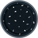 Black round plate with gray rim and white and gray polka dots scattered across the surface.