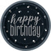 Round black paper plate with silver "happy birthday" text and scattered silver polka dots around the border.