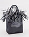 Black rectangular tote bag with black fringe or tassel trim cascading from the top.
