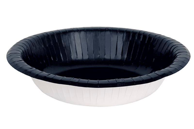 Black and white disposable paper bowl with a fluted ribbed design and dark navy interior, shown from above against a white background.