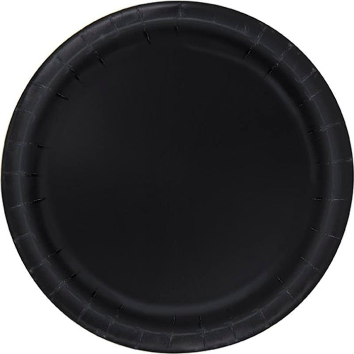 Black paper plate with a quilted rim pattern, shown from above against a white background.