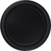 Black paper plate with a quilted rim pattern, shown from above against a white background.