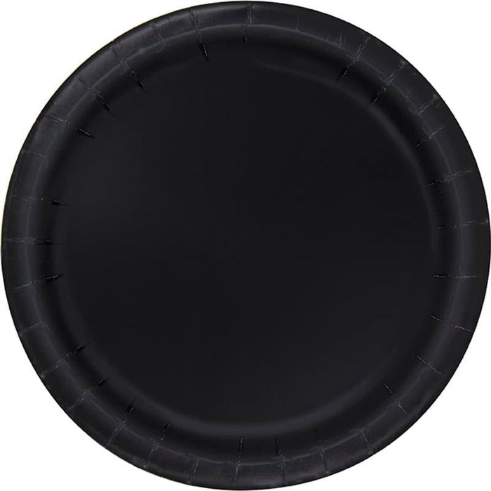 Black round paper plate with a ridged rim and dark surface, shown from above.