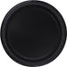 Black round paper plate with a ridged rim and dark surface, shown from above.