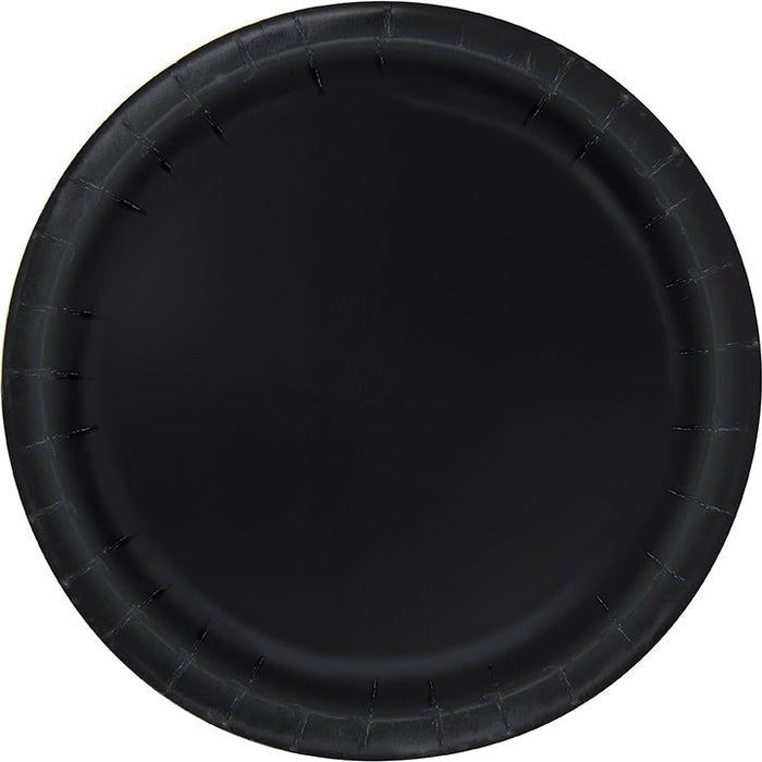 Black paper plate with a ribbed rim and flat center surface, shown from above.
