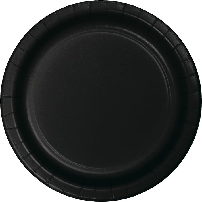 Black disposable paper plate with a ridged rim and slightly recessed center, shown from directly above against a white background.